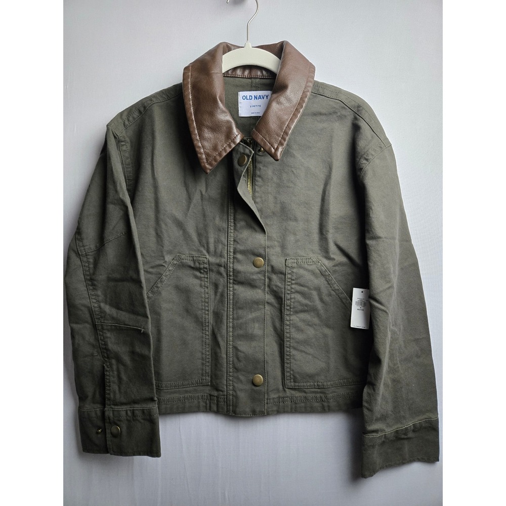 Old Navy Womens Small Petite Olive Green Canvas Workwear Jacket Faux Leather